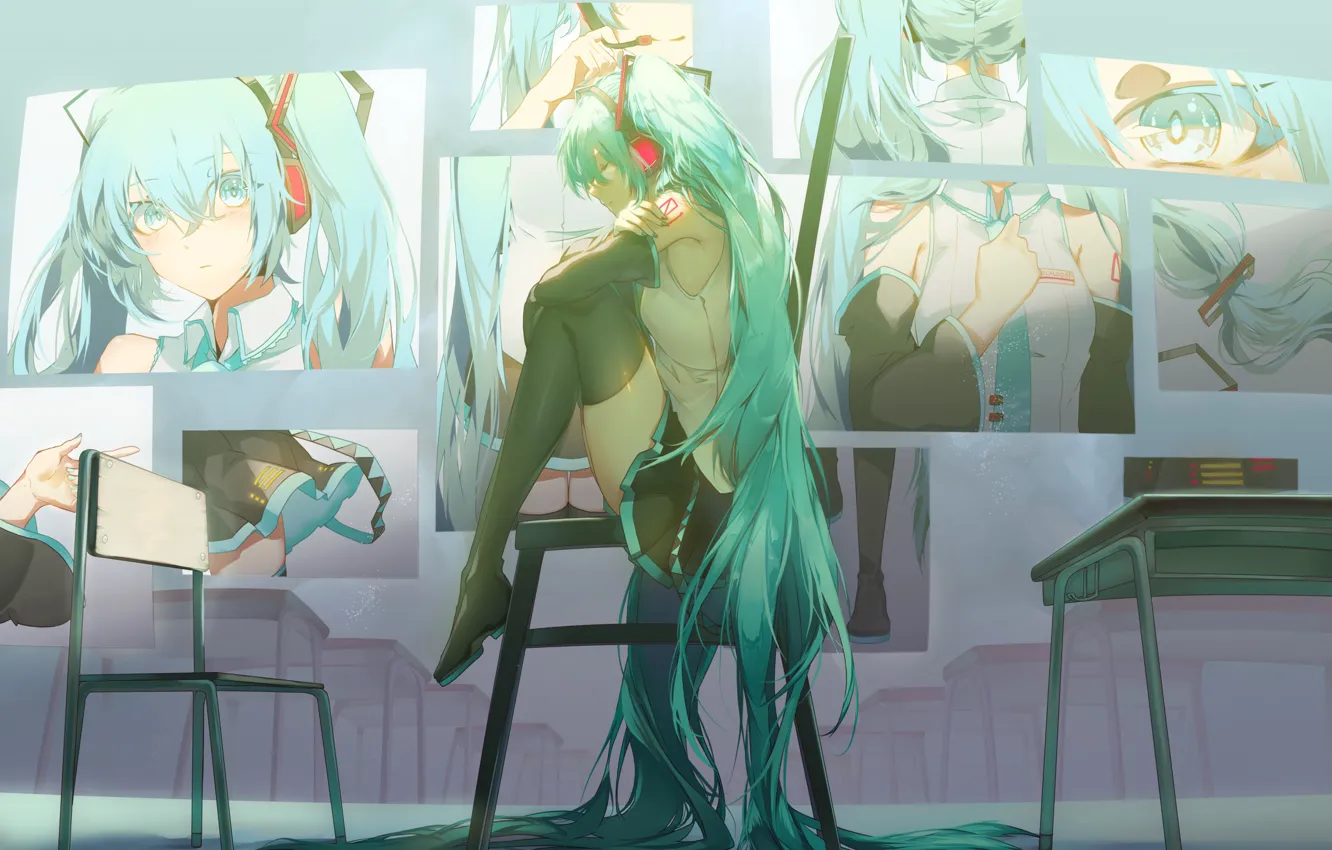 Фото обои девушка, комната, сидит, Hatsune Miku, Vocaloid, грустная, портреты