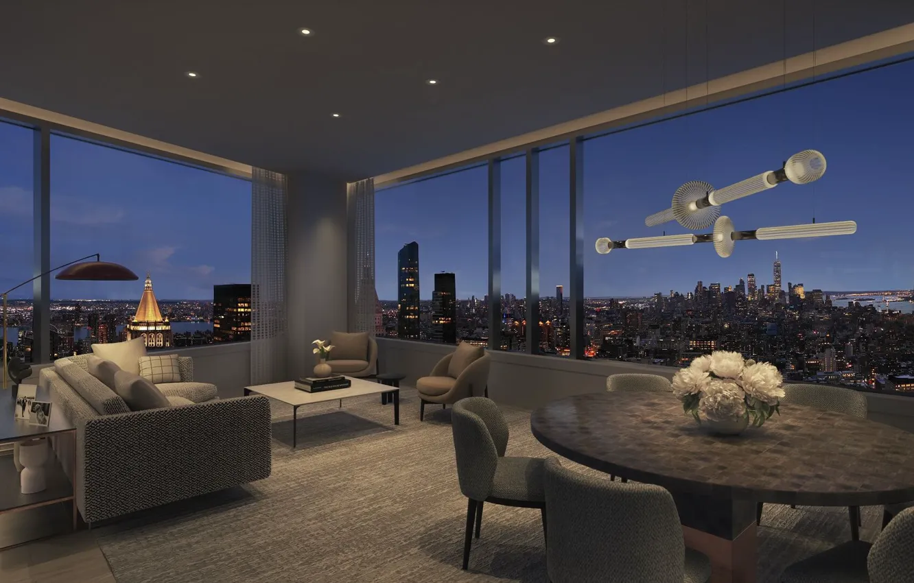 Фото обои дизайн, стиль, интерьер, мегаполис, гостиная, столовая, High-Rise Apartment, квартира в высотном доме