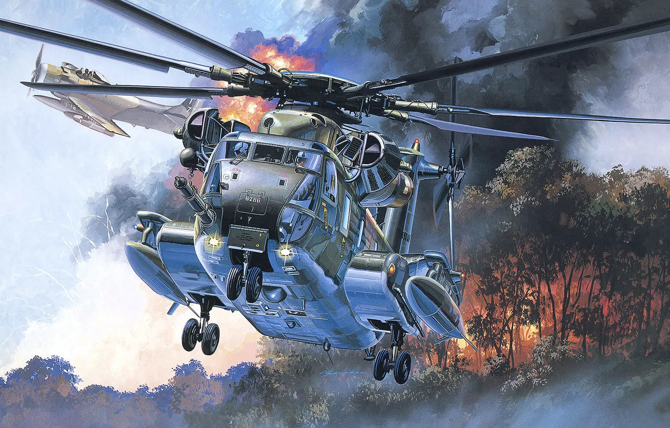 Фото обои лес, деревья, пожар, рисунок, ВВС США, поисково-спасательный вертолёт, HH-53C S Jolly Green Giant