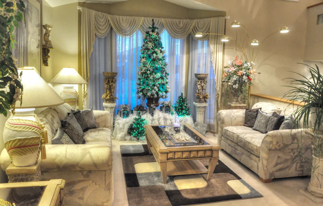 Фото обои цветы, диван, праздник, лампа, растения, картина, Новый Год, Рождество