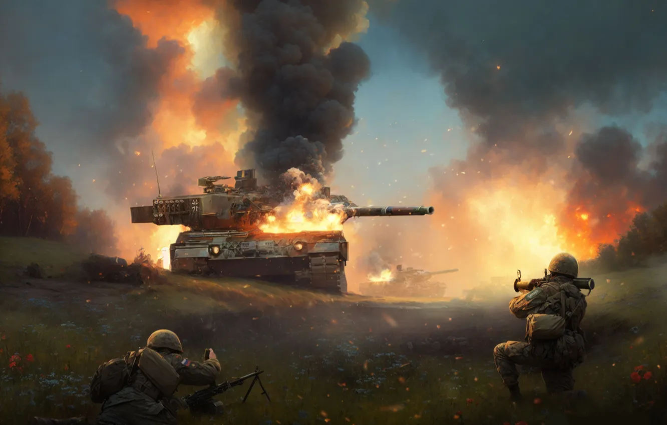Фото обои Дым, Бой, Солдаты, Россия, Танк, Украина, Leopard 2, Немецкий танк