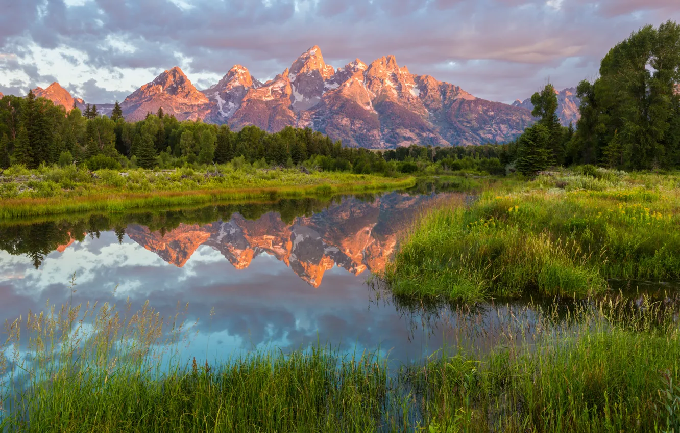 Фото обои трава, вода, пейзаж, горы, природа, отражение, утро, США