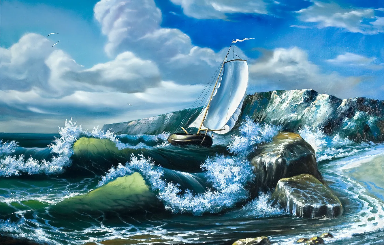 Фото обои море, волны, небо, облака, корабль, чайки, картина, паруса